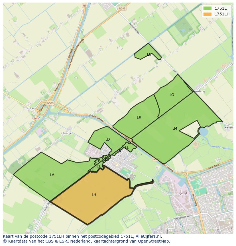Afbeelding van het postcodegebied 1751 LH op de kaart.