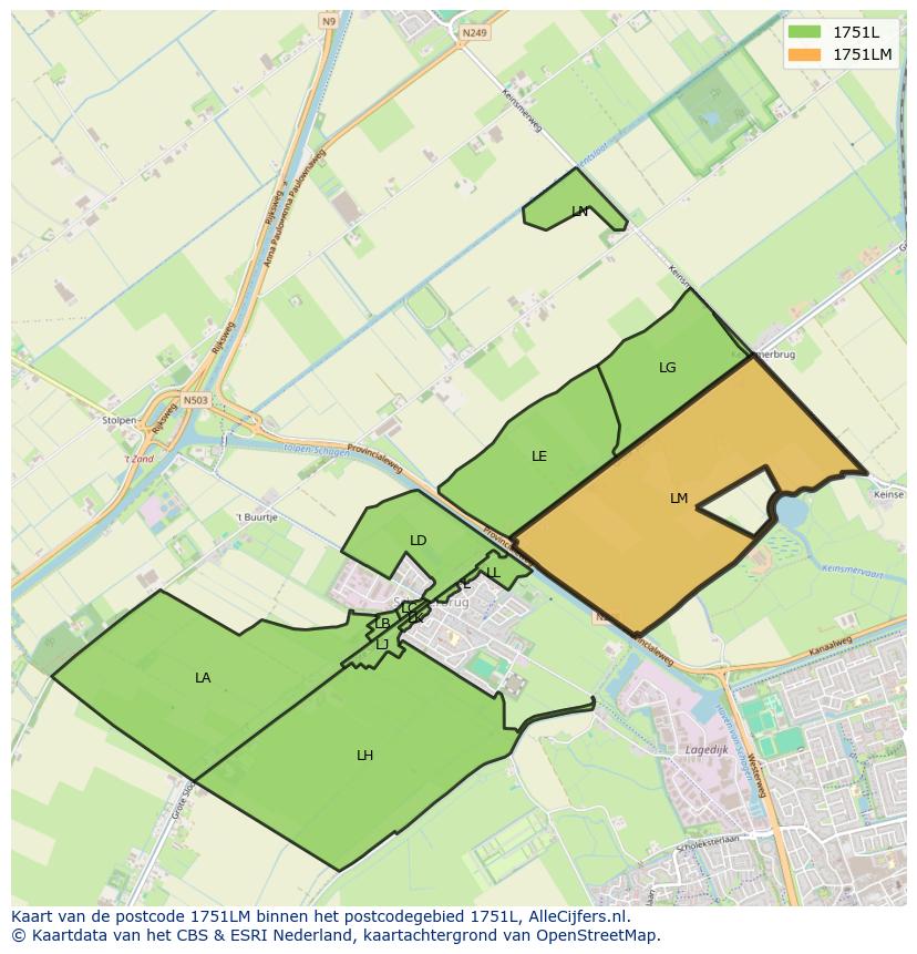 Afbeelding van het postcodegebied 1751 LM op de kaart.