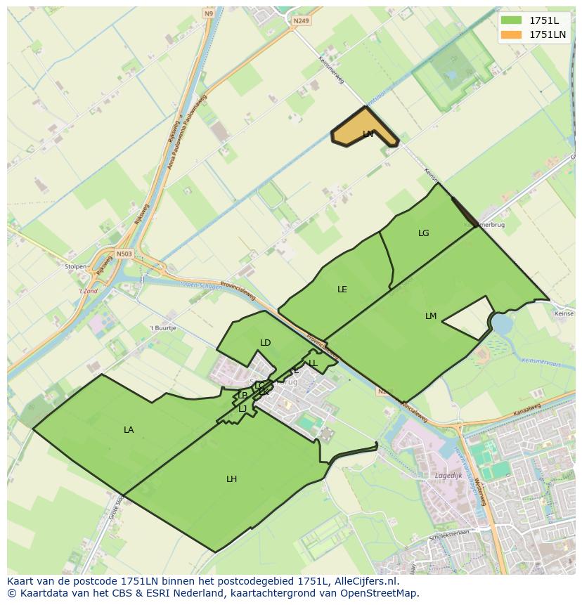 Afbeelding van het postcodegebied 1751 LN op de kaart.