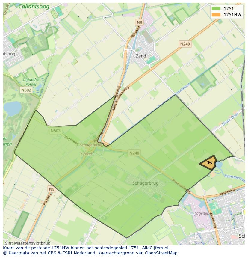 Afbeelding van het postcodegebied 1751 NW op de kaart.