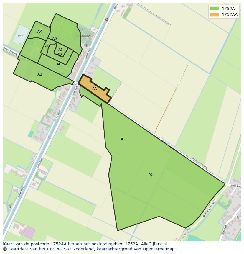 Afbeelding van het postcodegebied 1752 AA op de kaart.