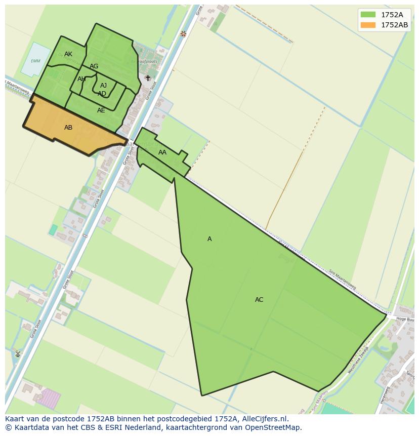 Afbeelding van het postcodegebied 1752 AB op de kaart.