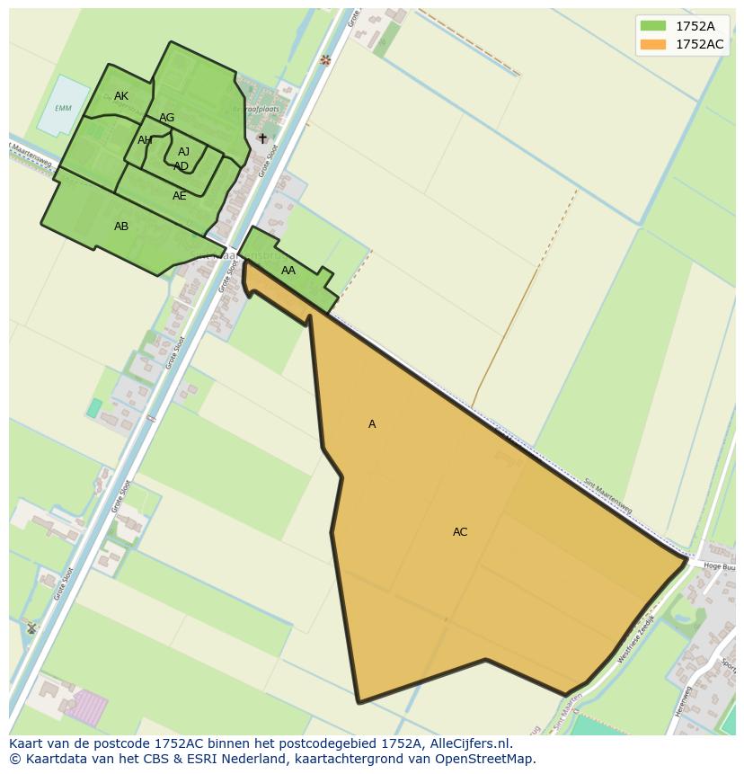Afbeelding van het postcodegebied 1752 AC op de kaart.