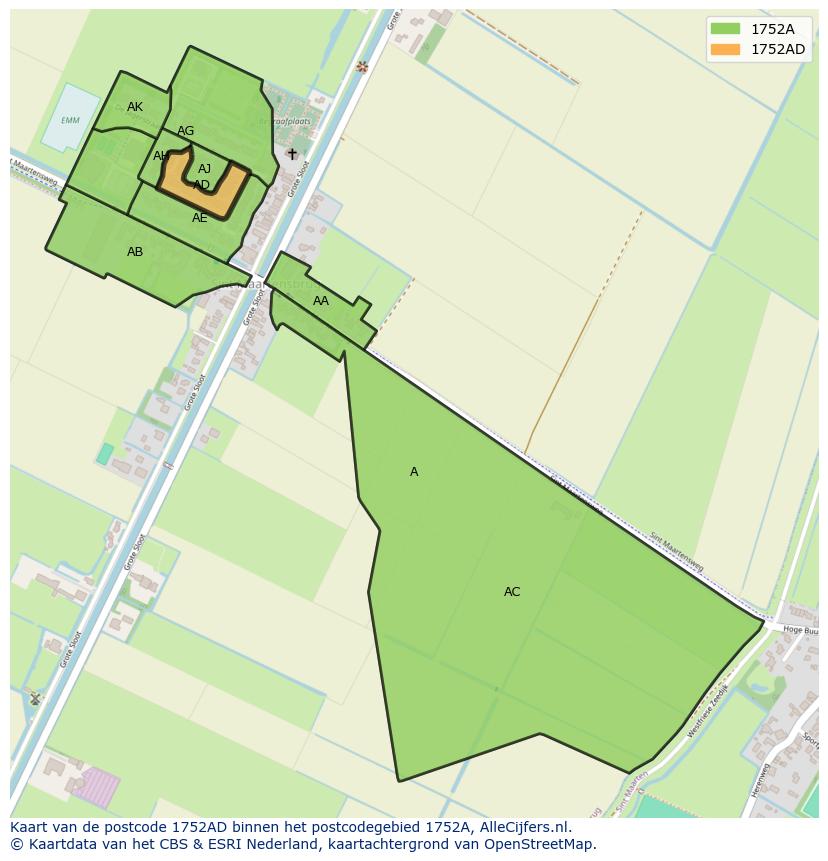 Afbeelding van het postcodegebied 1752 AD op de kaart.