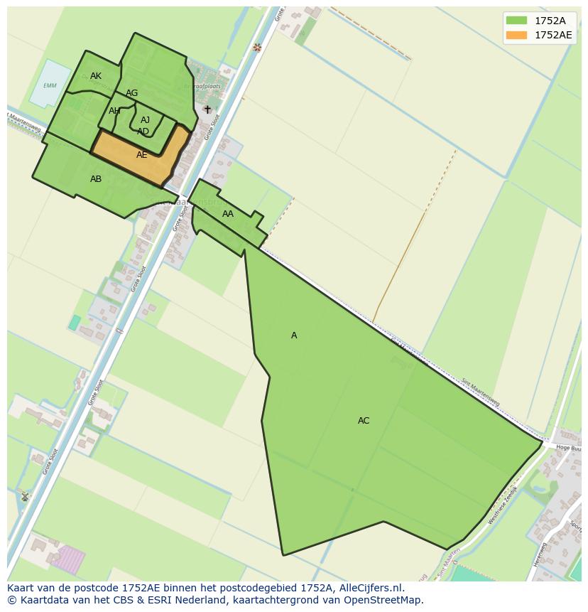 Afbeelding van het postcodegebied 1752 AE op de kaart.