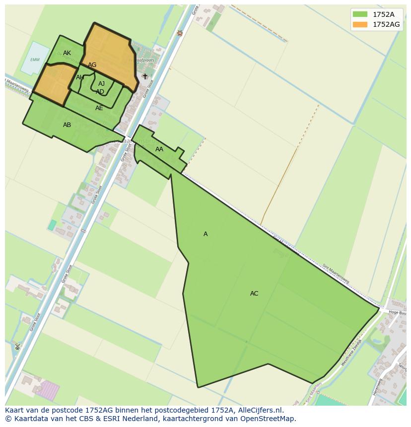 Afbeelding van het postcodegebied 1752 AG op de kaart.