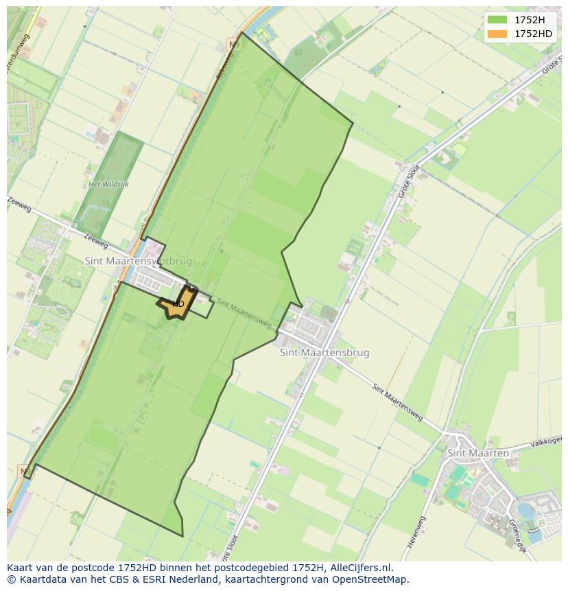 Afbeelding van het postcodegebied 1752 HD op de kaart.