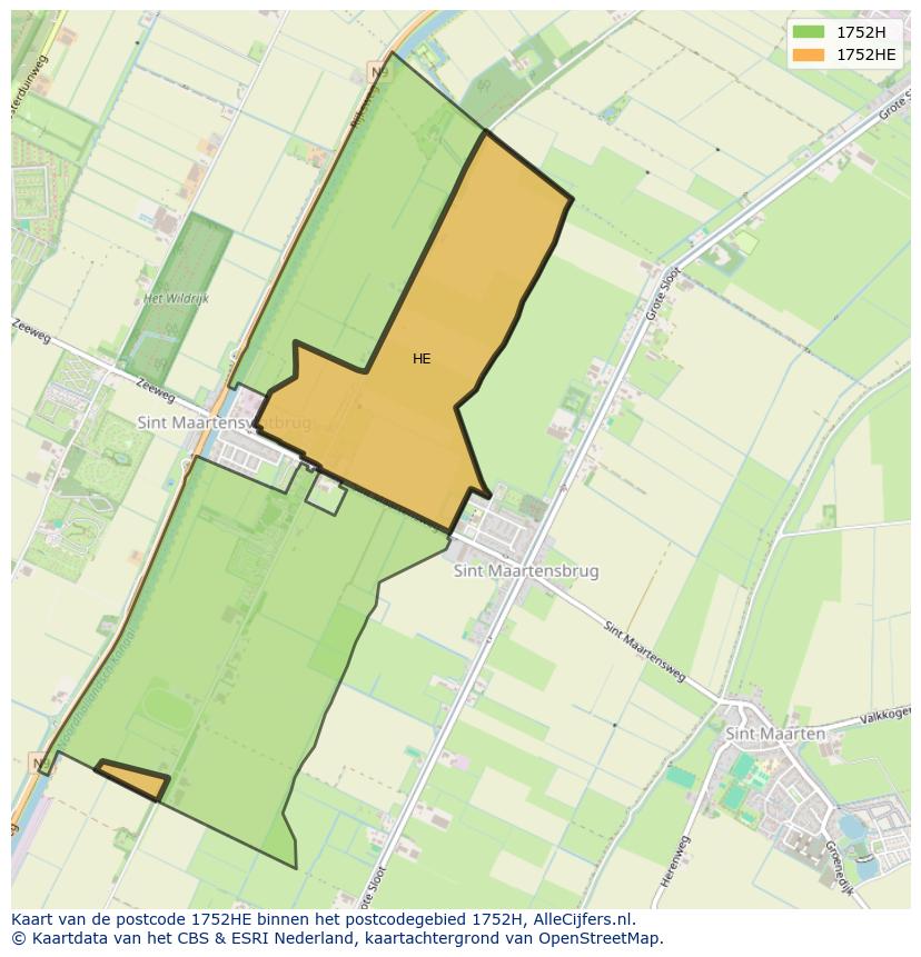Afbeelding van het postcodegebied 1752 HE op de kaart.