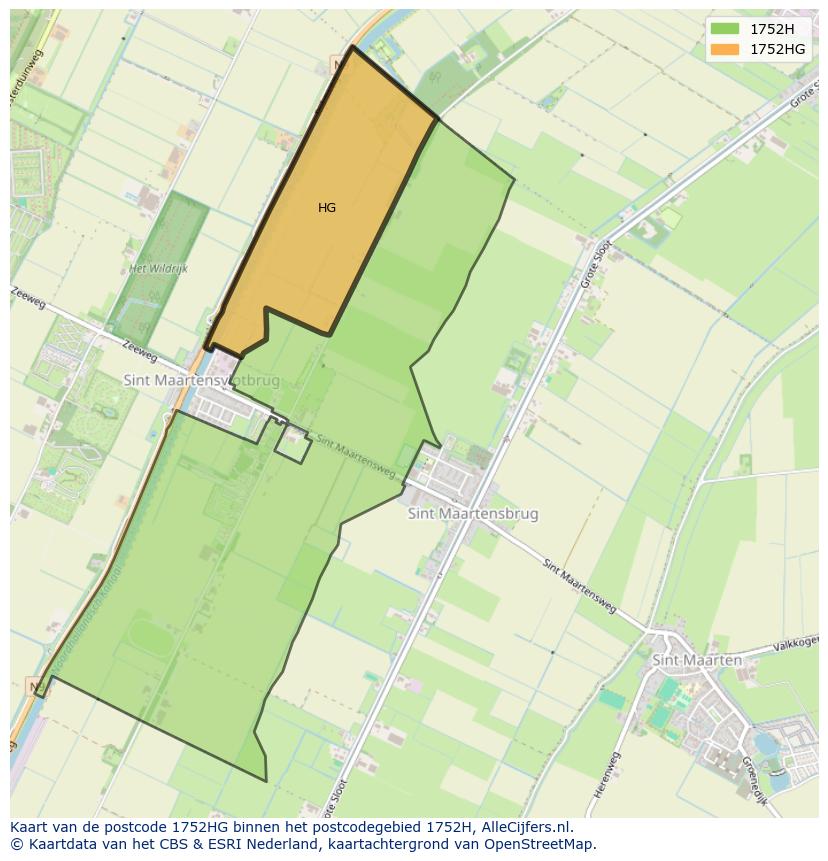 Afbeelding van het postcodegebied 1752 HG op de kaart.
