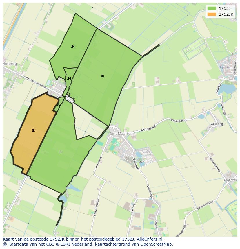 Afbeelding van het postcodegebied 1752 JK op de kaart.