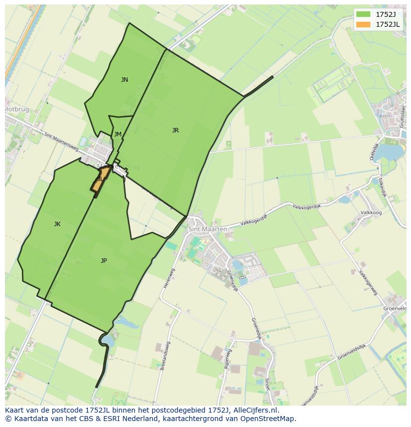 Afbeelding van het postcodegebied 1752 JL op de kaart.