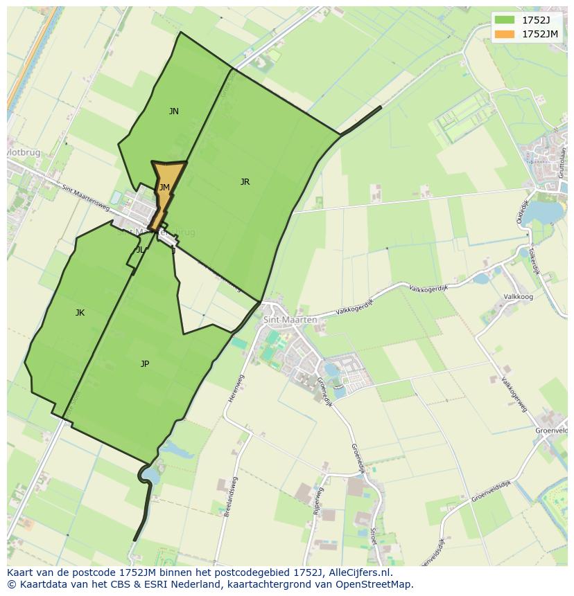 Afbeelding van het postcodegebied 1752 JM op de kaart.
