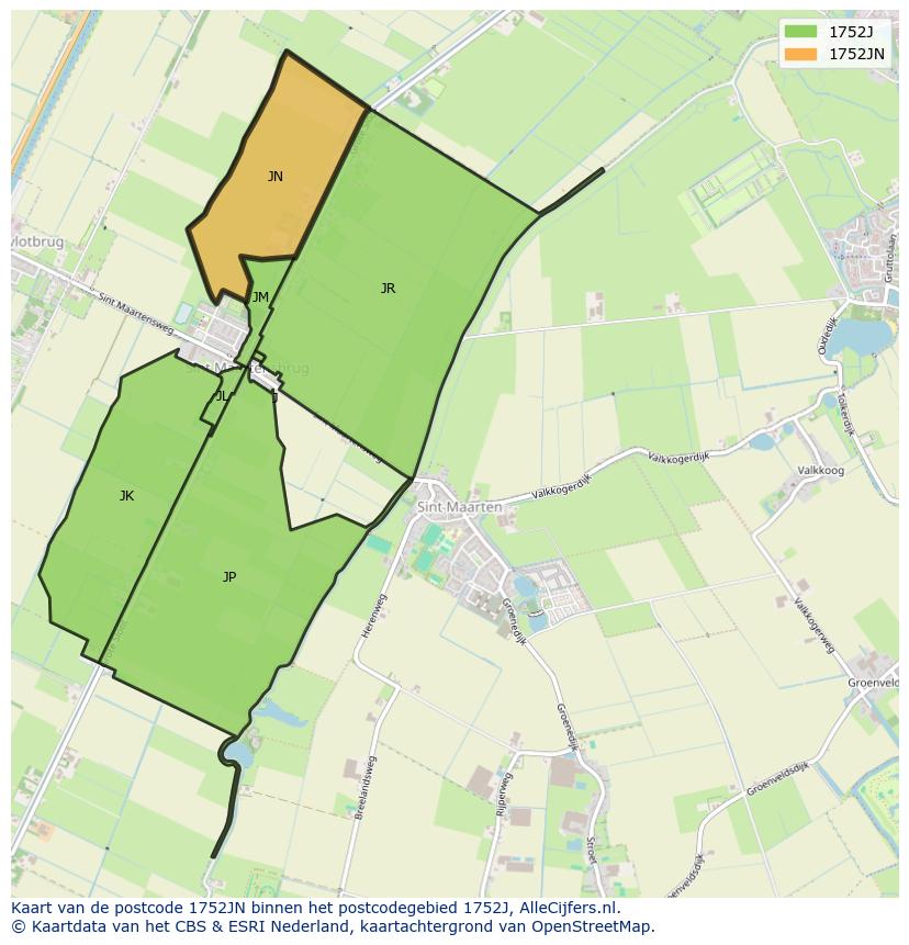 Afbeelding van het postcodegebied 1752 JN op de kaart.