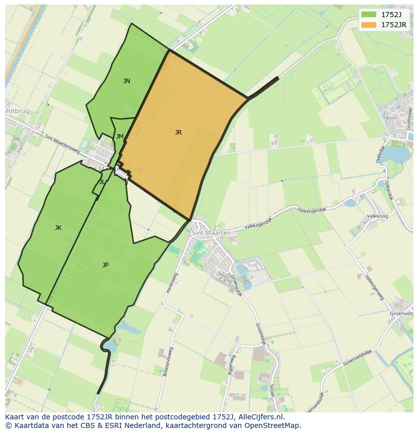 Afbeelding van het postcodegebied 1752 JR op de kaart.