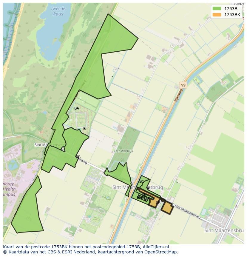 Afbeelding van het postcodegebied 1753 BK op de kaart.