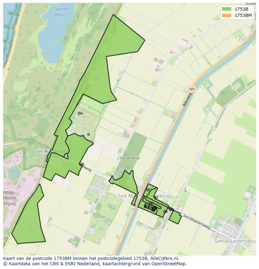 Afbeelding van het postcodegebied 1753 BM op de kaart.