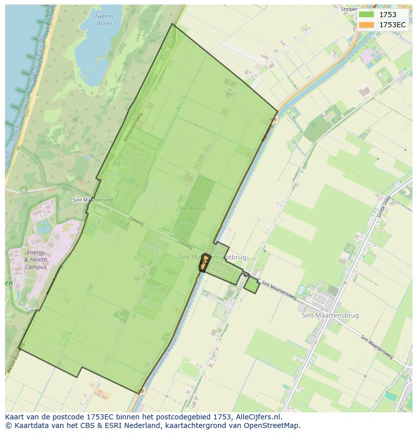 Afbeelding van het postcodegebied 1753 EC op de kaart.