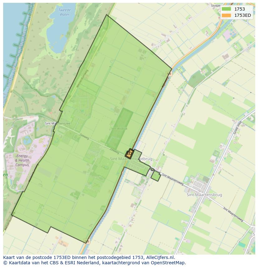 Afbeelding van het postcodegebied 1753 ED op de kaart.