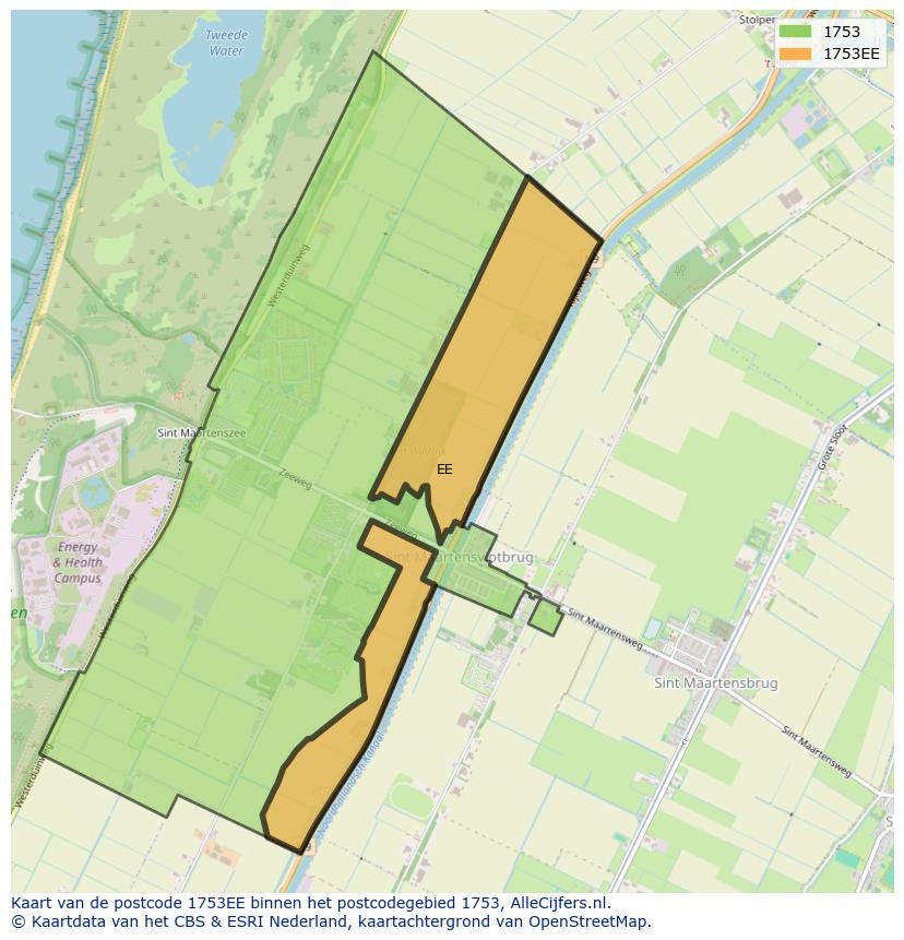 Afbeelding van het postcodegebied 1753 EE op de kaart.
