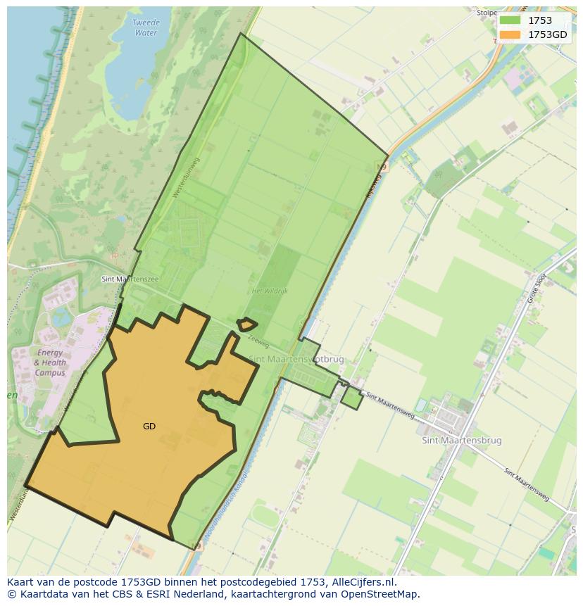 Afbeelding van het postcodegebied 1753 GD op de kaart.