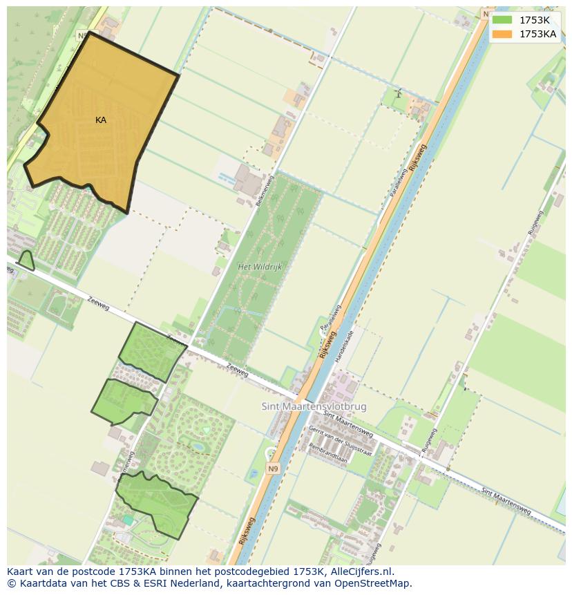Afbeelding van het postcodegebied 1753 KA op de kaart.