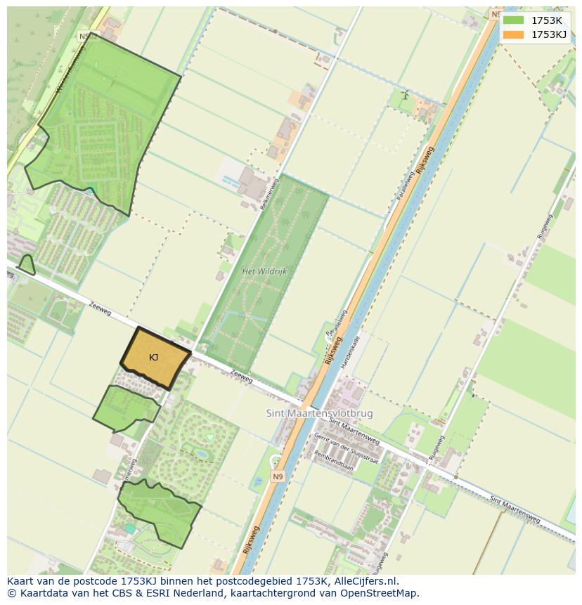 Afbeelding van het postcodegebied 1753 KJ op de kaart.