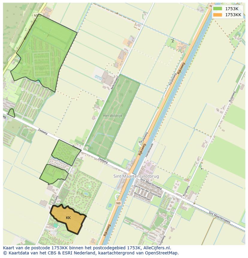 Afbeelding van het postcodegebied 1753 KK op de kaart.