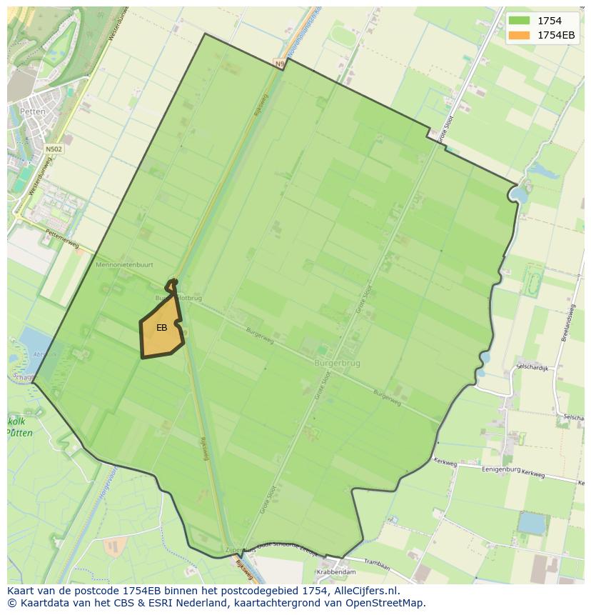 Afbeelding van het postcodegebied 1754 EB op de kaart.