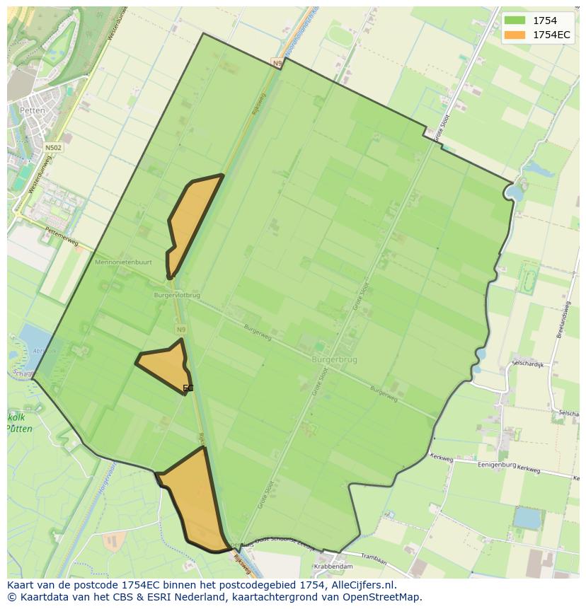 Afbeelding van het postcodegebied 1754 EC op de kaart.