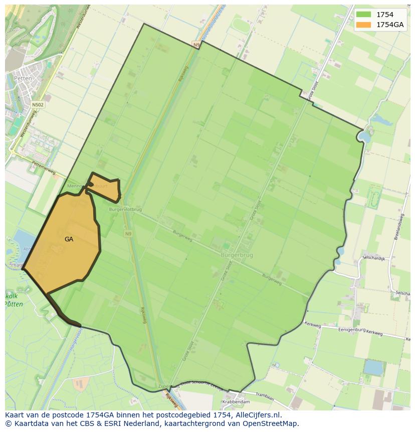 Afbeelding van het postcodegebied 1754 GA op de kaart.