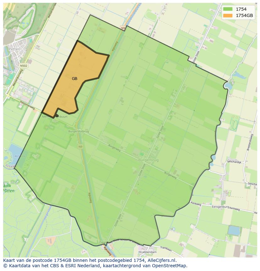 Afbeelding van het postcodegebied 1754 GB op de kaart.