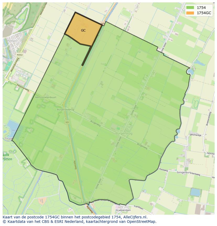 Afbeelding van het postcodegebied 1754 GC op de kaart.