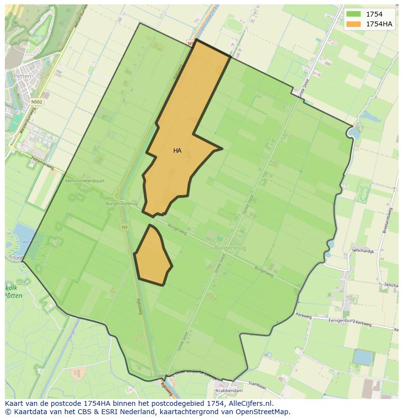 Afbeelding van het postcodegebied 1754 HA op de kaart.