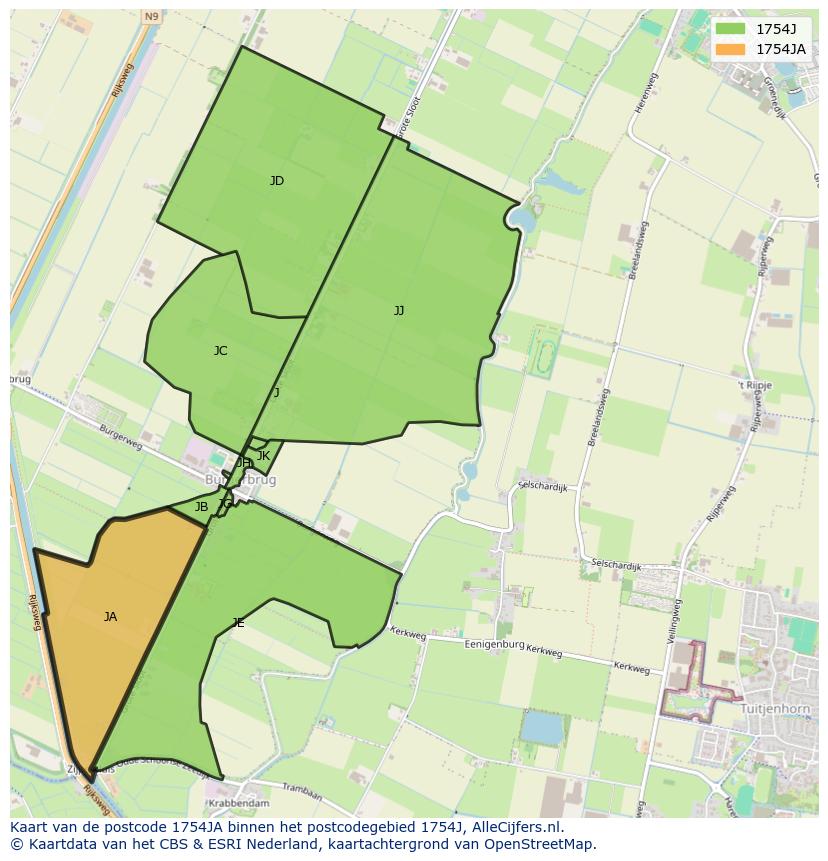 Afbeelding van het postcodegebied 1754 JA op de kaart.