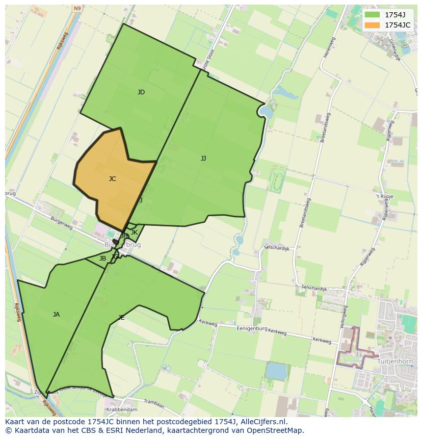 Afbeelding van het postcodegebied 1754 JC op de kaart.