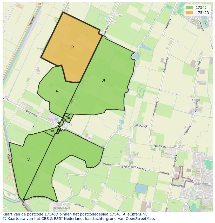 Afbeelding van het postcodegebied 1754 JD op de kaart.