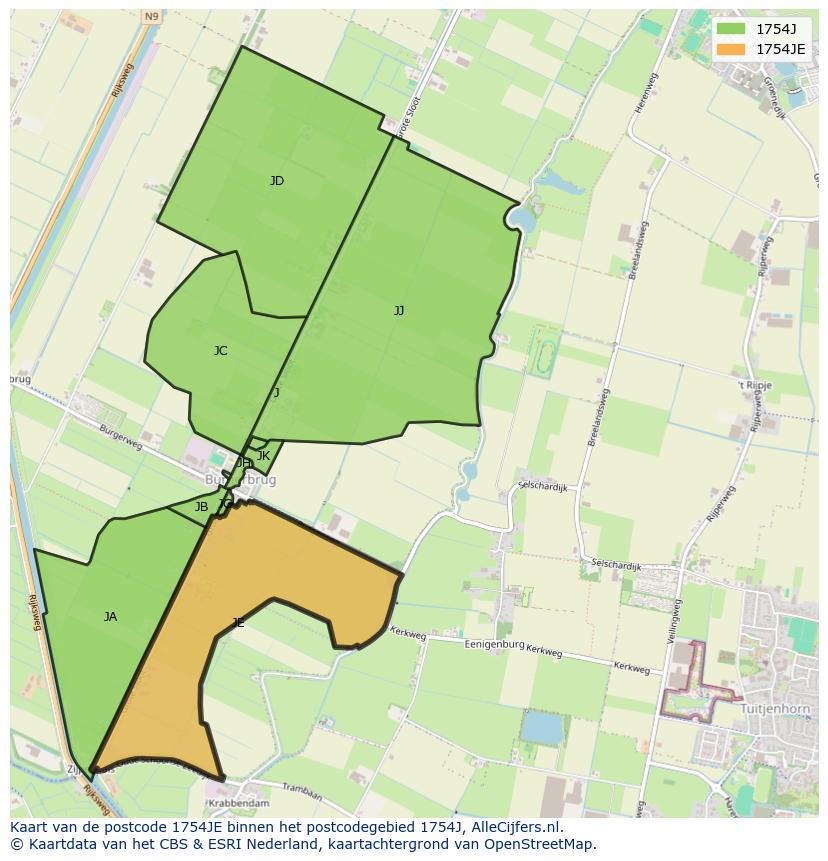 Afbeelding van het postcodegebied 1754 JE op de kaart.