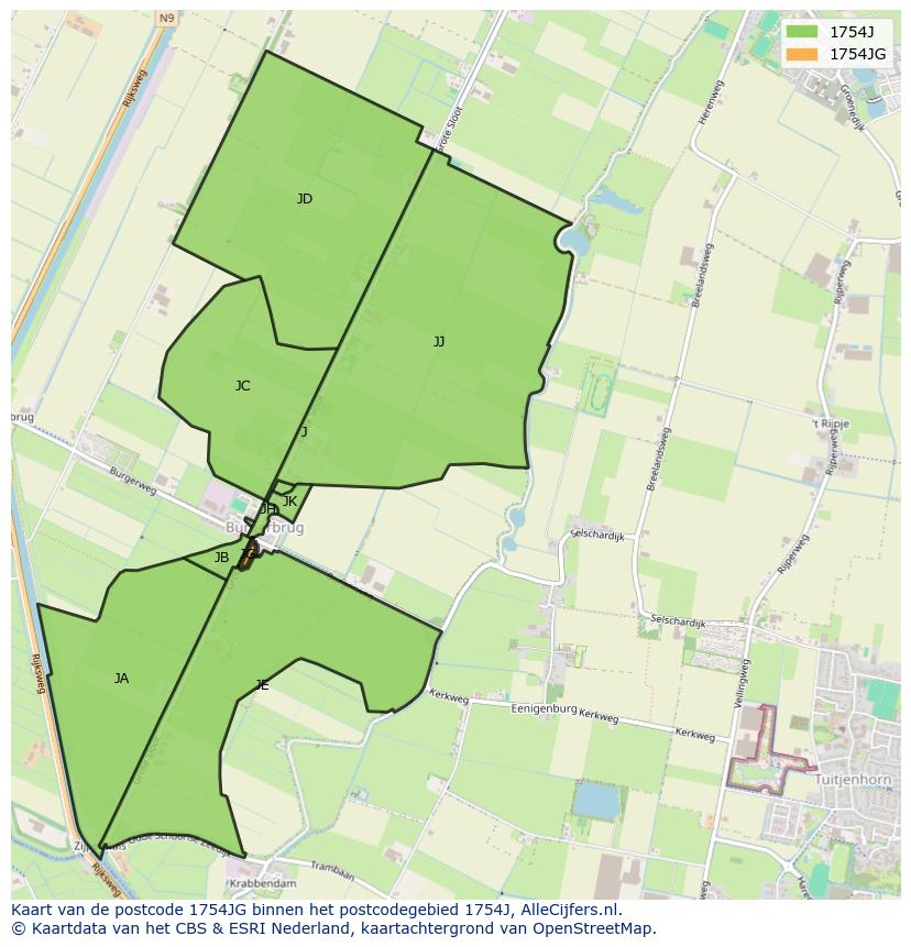 Afbeelding van het postcodegebied 1754 JG op de kaart.