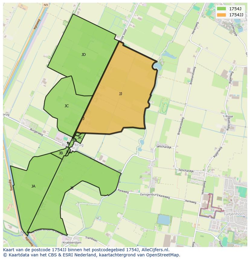 Afbeelding van het postcodegebied 1754 JJ op de kaart.