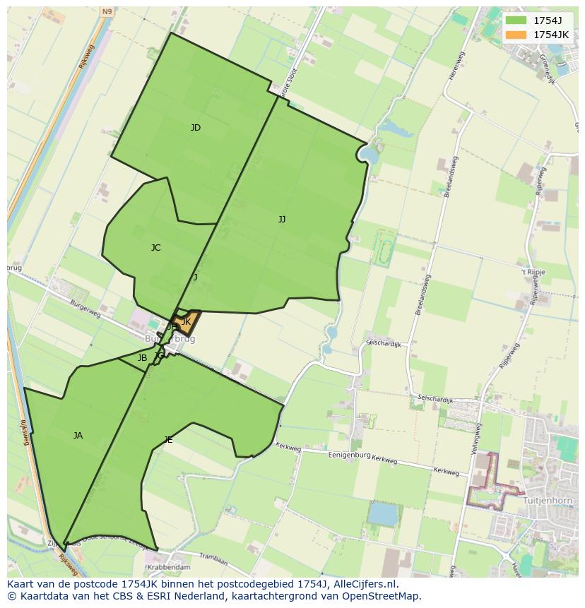Afbeelding van het postcodegebied 1754 JK op de kaart.