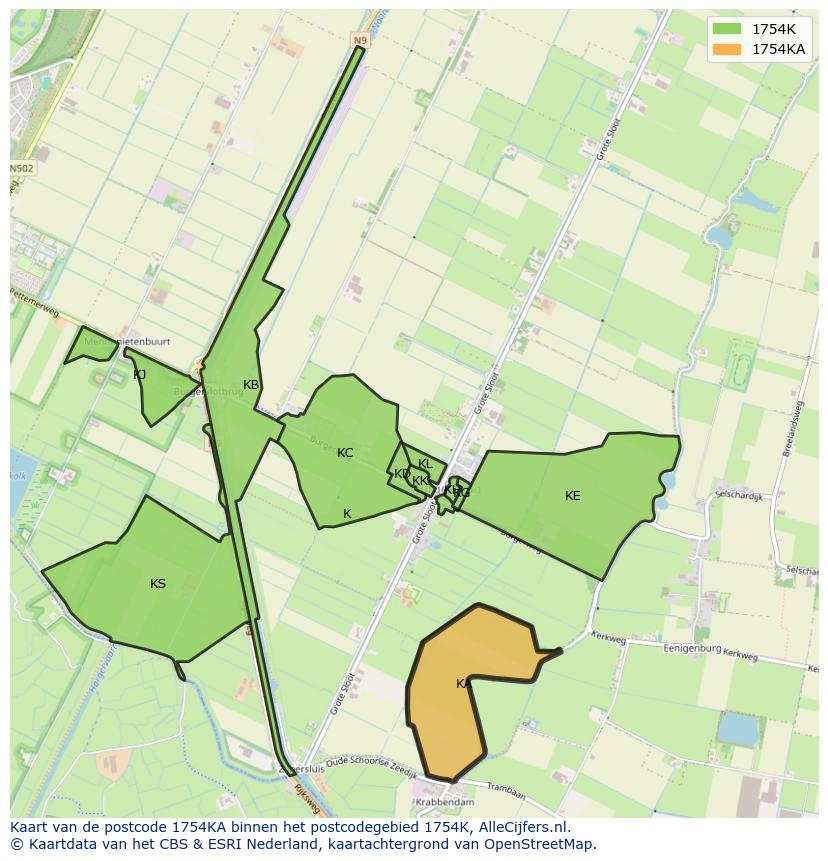 Afbeelding van het postcodegebied 1754 KA op de kaart.