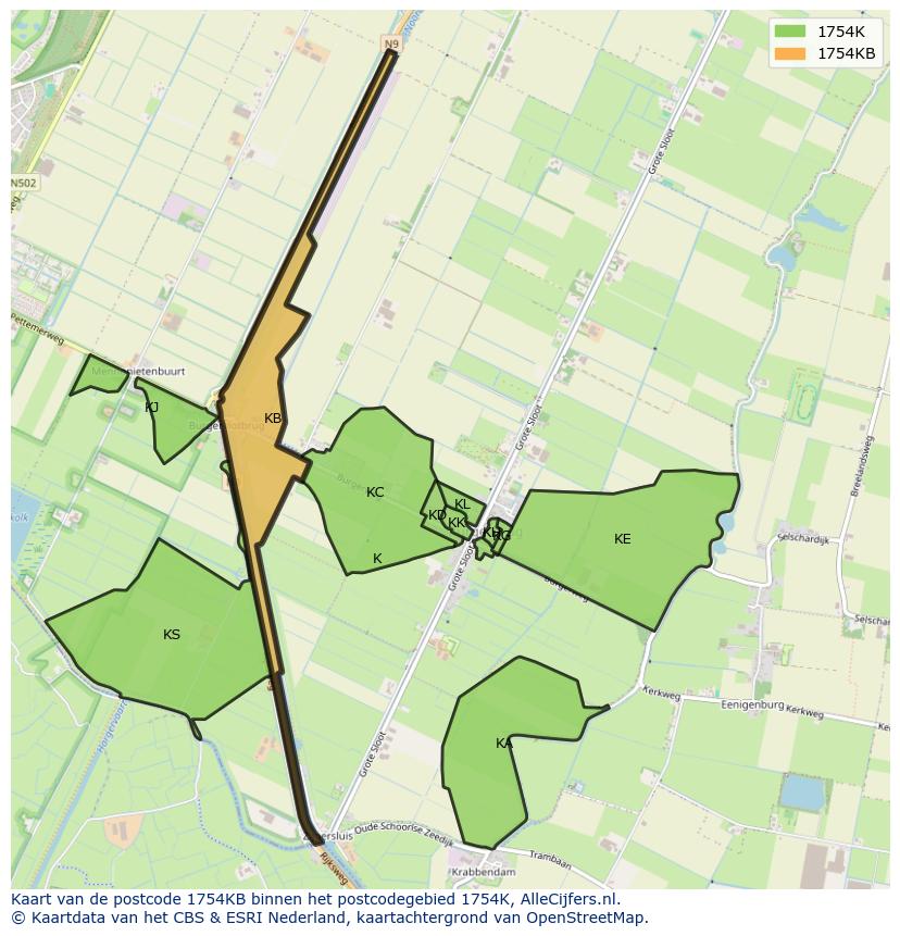 Afbeelding van het postcodegebied 1754 KB op de kaart.