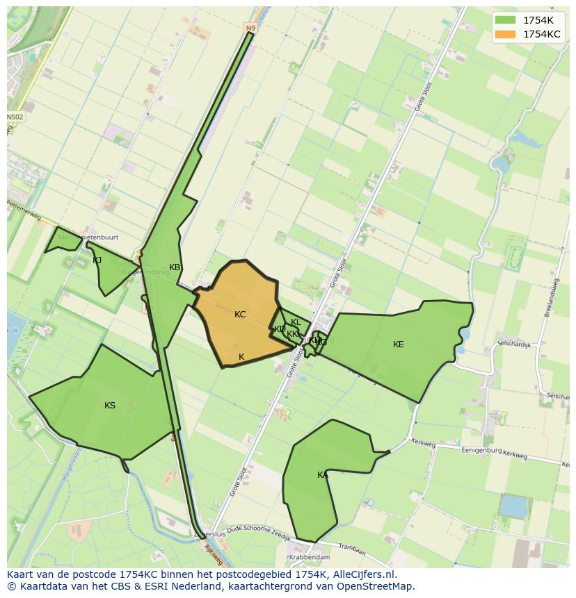 Afbeelding van het postcodegebied 1754 KC op de kaart.