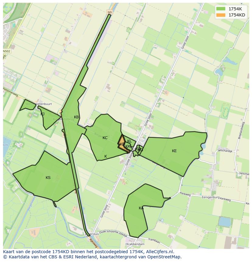 Afbeelding van het postcodegebied 1754 KD op de kaart.