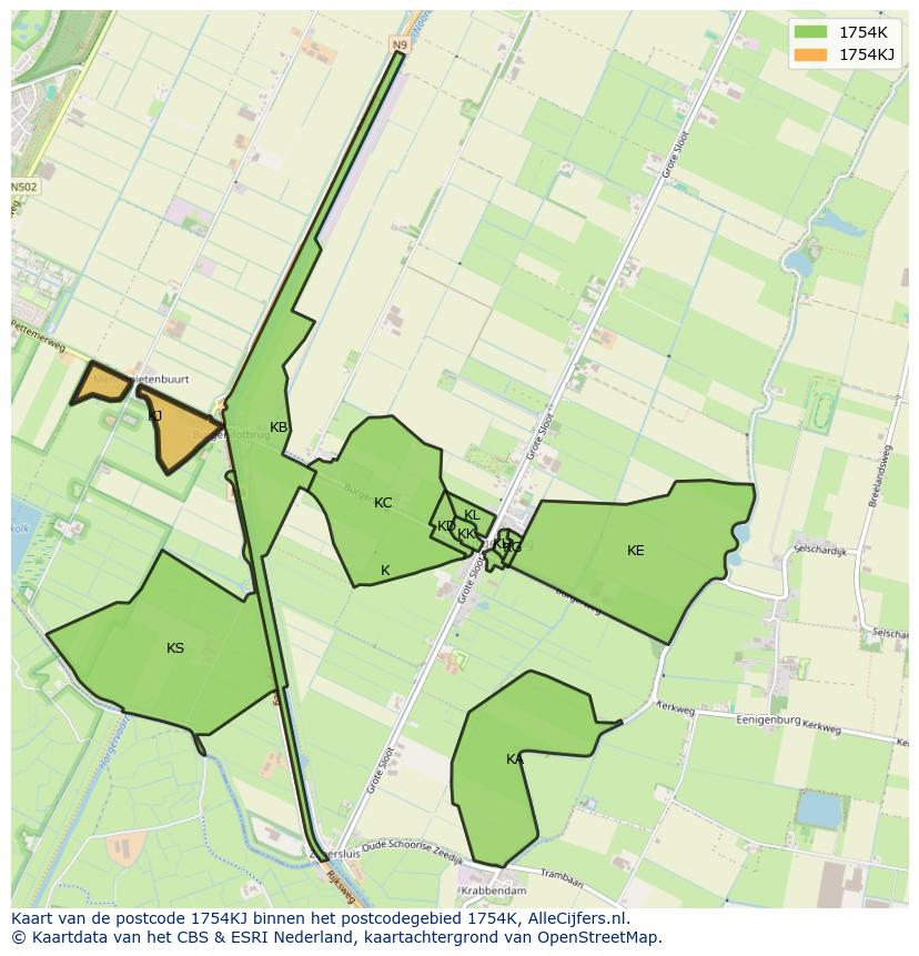 Afbeelding van het postcodegebied 1754 KJ op de kaart.
