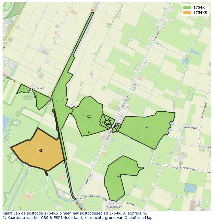 Afbeelding van het postcodegebied 1754 KS op de kaart.