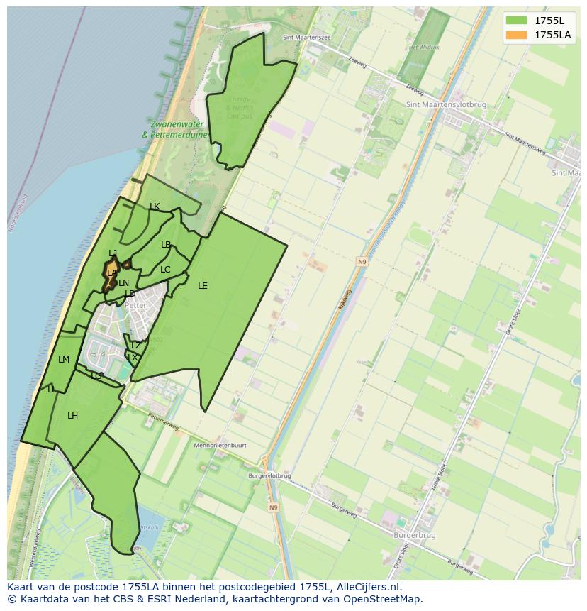 Afbeelding van het postcodegebied 1755 LA op de kaart.