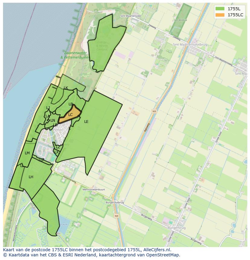 Afbeelding van het postcodegebied 1755 LC op de kaart.