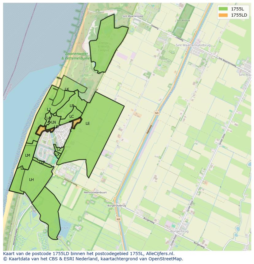 Afbeelding van het postcodegebied 1755 LD op de kaart.