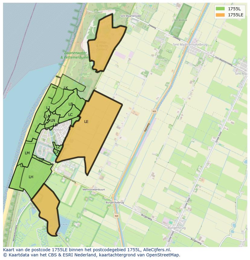 Afbeelding van het postcodegebied 1755 LE op de kaart.